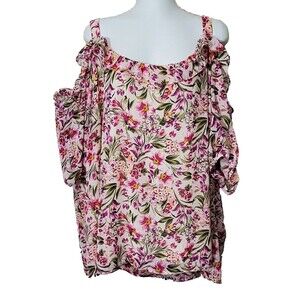 Lane Bryant Top Womens Plus 28 Ivory Floral Cold Shoulder Blouse Lined Chiffon